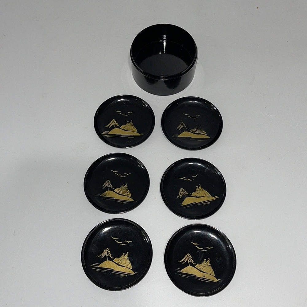Japanese Vintage Black Laquer Coaster Set of 6 in Nesting Box no top
